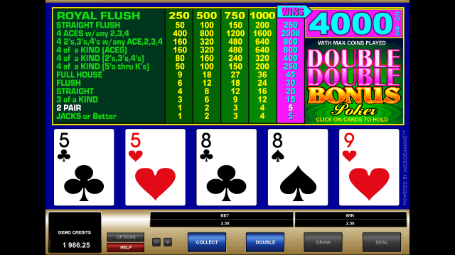 Игровой интерфейс Double Double Bonus Poker 5